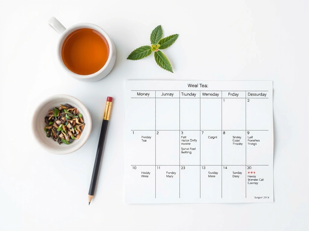 Kalender mit markierten Tagen und einer Tasse Tee